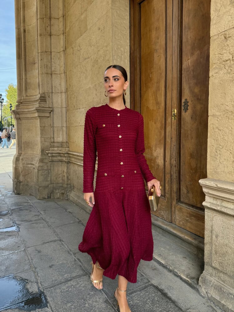 Vestido midi botones joya vino