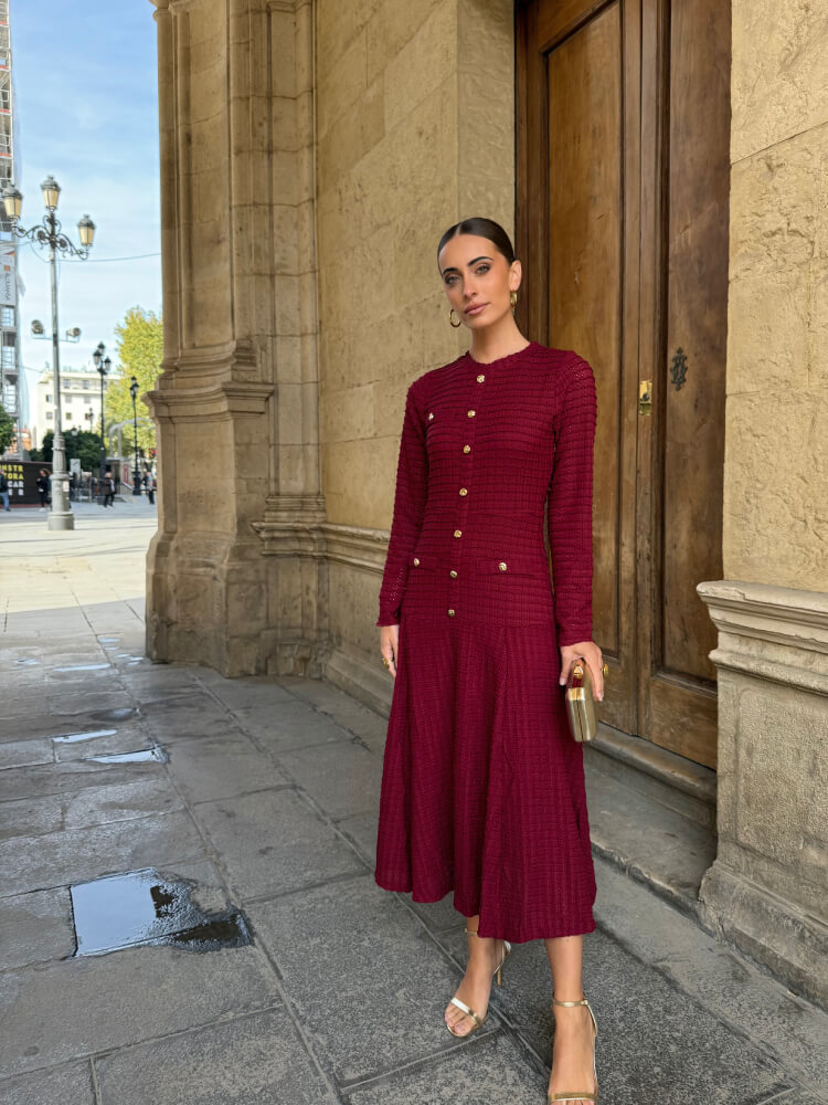 Vestido midi botones joya vino - Imagen 3