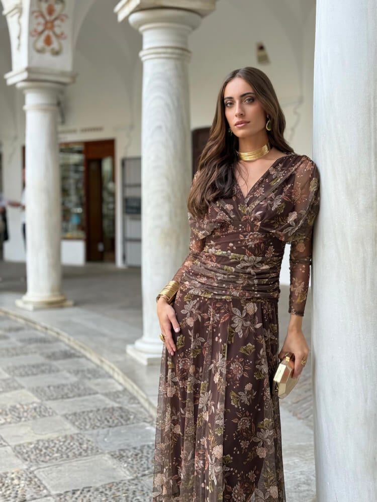 Vestido Marrón Midi En Tul Elástico