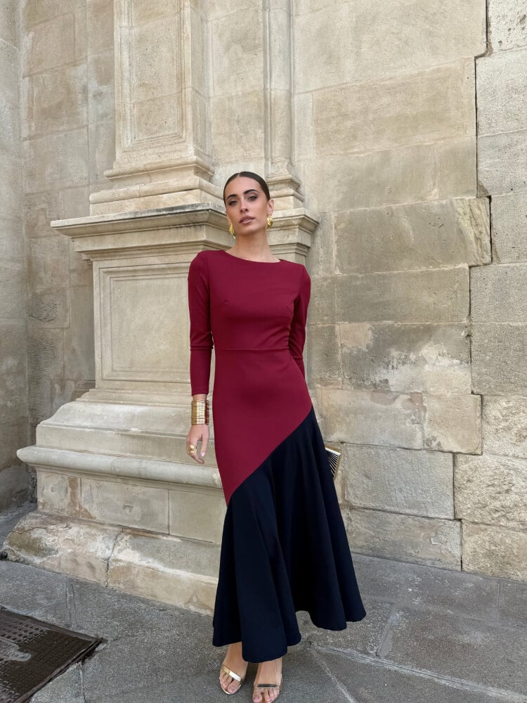 Vestido Midi Crespón Vino Azul