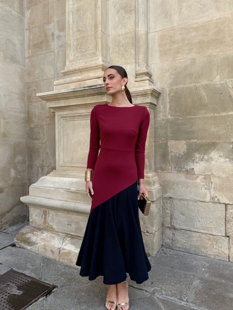 Vestido Vino Azul Corte Con Vuelo