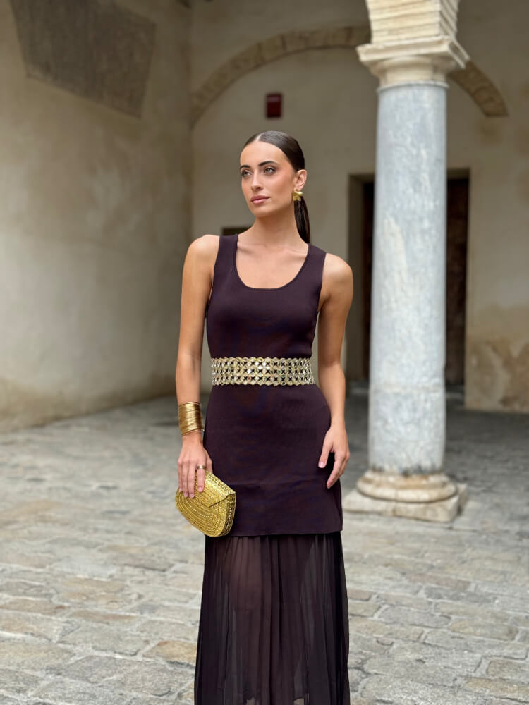 Vestido Marrón Falda Plisada